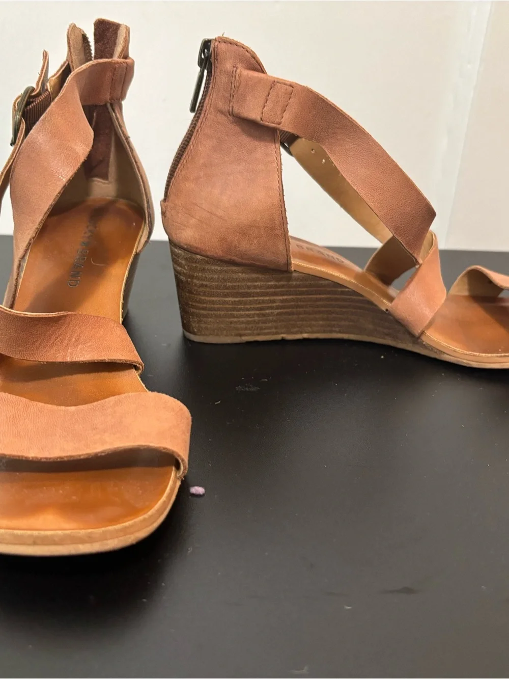 Lucky Brand Cognac Suede Strappy Wedge Sandals Leather